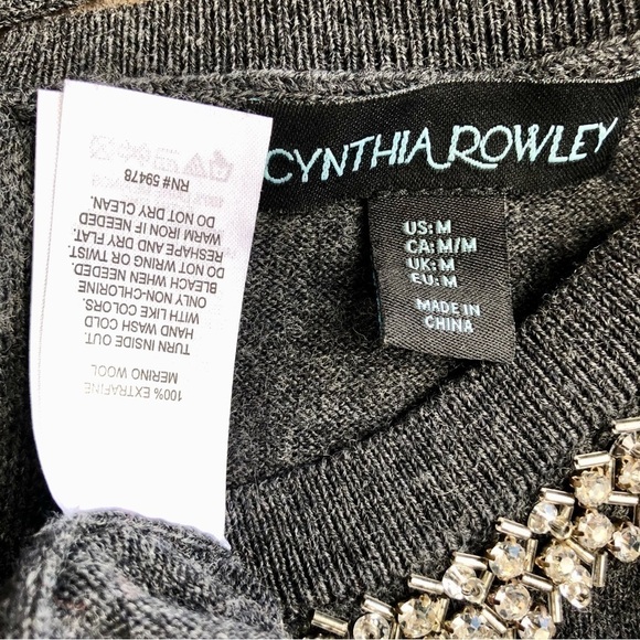 Cynthia Rowley Sweater Merino Wool Gray with Rhinestone Neckline (M) - Picture 5 of 7